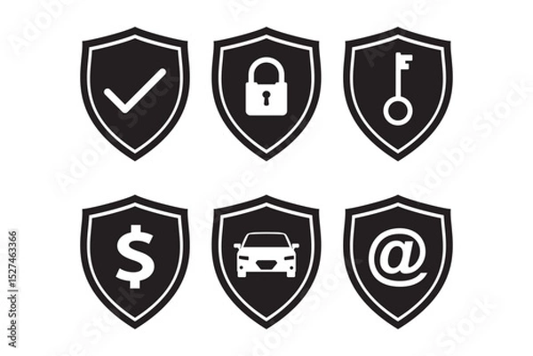 Obraz Lock internet security icon, Set of security shield icons with check mark, padlock, car and others. Black shield sign isolated on white background. Safety, protection sign.