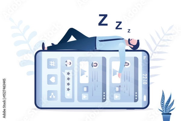 Obraz Tired user sleeps on mobile phone with social media on screen. Fatigue, stress and dependence on social networks and Internet. Need digital detox. Burnout, frustration