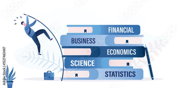 Obraz Smart businessman or student pole vault jumps over high books stack. Skills improvement. Education or knowledge, reading textbooks or study new skills,