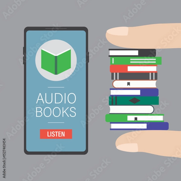 Fototapeta Fingers holding pile of books. Modern smartphone with audio book application. Online library app on display. E-reading on cellphone, modern technology. Banner template.