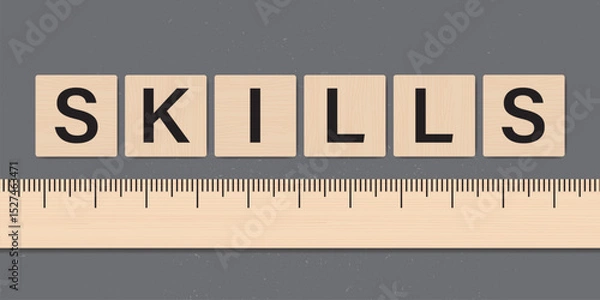 Obraz Ruler measuring skills level. Wooden labels and ruler. Motivation saying, banner template. Improve skills, speed up your learning.