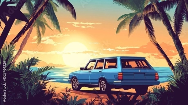 Fototapeta Summer sunset by the sea, vintage station wagon by the beach.