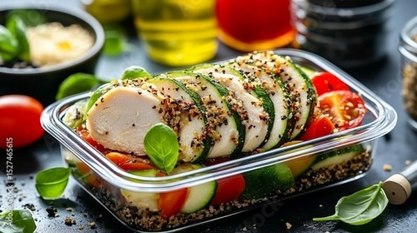 Fototapeta Healthy lunchbox featuring sliced chicken breast, zucchini, tomatoes, and quinoa, seasoned with herbs and spices
