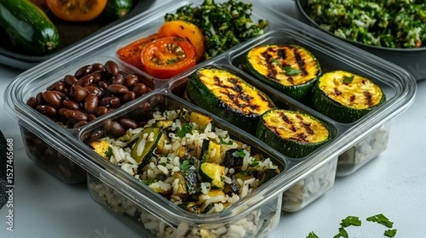 Fototapeta Healthy meal prep container with grilled zucchini, rice, and beans.  Components include tomatoes, and leafy greens