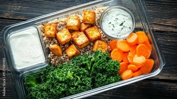 Fototapeta Healthy meal prep container with tofu, grains, and vegetables.  Includes a creamy sauce and vibrant carrots