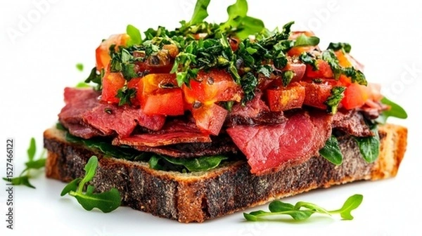 Fototapeta Hearty sandwich with sliced roast beef, diced tomatoes, fresh herbs, and greens on a toasted bread slice