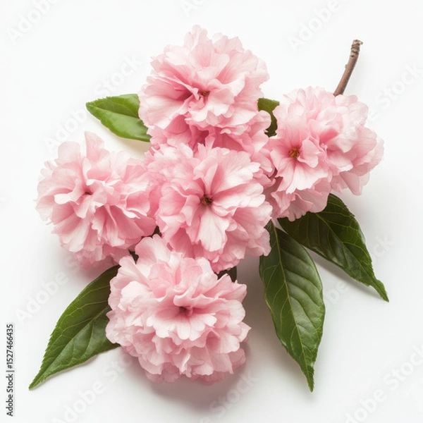 Fototapeta Soft pink cherry blossoms with lush green leaves create delicate and serene composition on white background. gentle petals evoke sense of tranquility and natural beauty