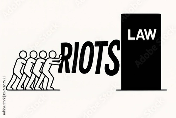 Fototapeta stick figures pushing riots text into wall labeled law in minimalist concept