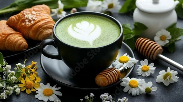 Fototapeta Matcha latte with croissants and flowers.  A delightful breakfast scene