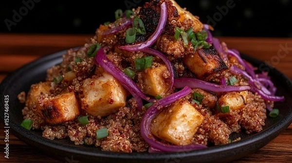 Fototapeta Quinoa and paneer dish topped with roasted red onions and spring onions