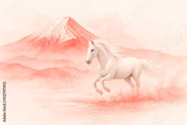Fototapeta 淡い紅色の富士山と白馬の水彩画風イラスト