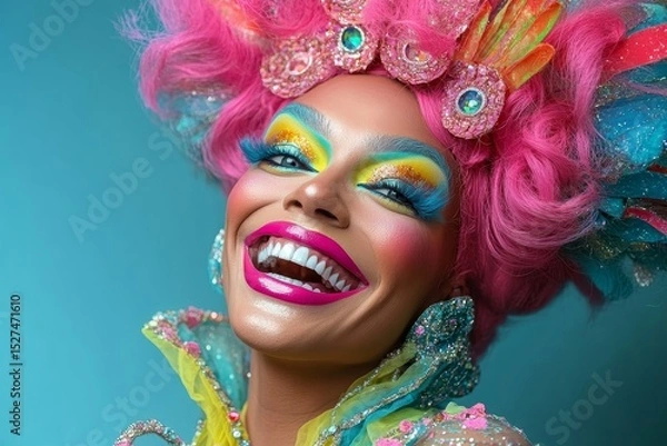 Fototapeta Excited drag queen smiling at the camera with vibrant makeup and fashion, exuding confidence and celebrating individuality and self-expression, Generative AI