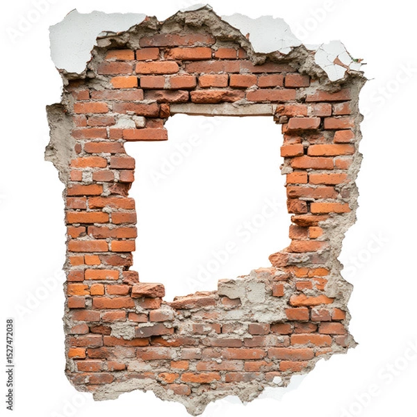 Fototapeta Broken Brick Wall with Rough Edges and Large Hole Isolated on White Background