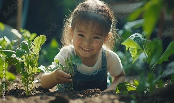 Fototapeta Little girl helping her mother in the garden, enthusiastically planting seeds and learning about nature while bonding with her parent over this hands-on activity, Generative AI