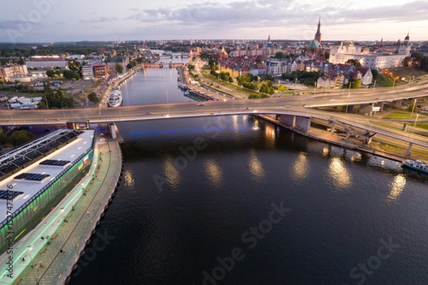 Obraz Cityscape at Dusk: Aerial View of River and Bridges. Szczecin Poland.