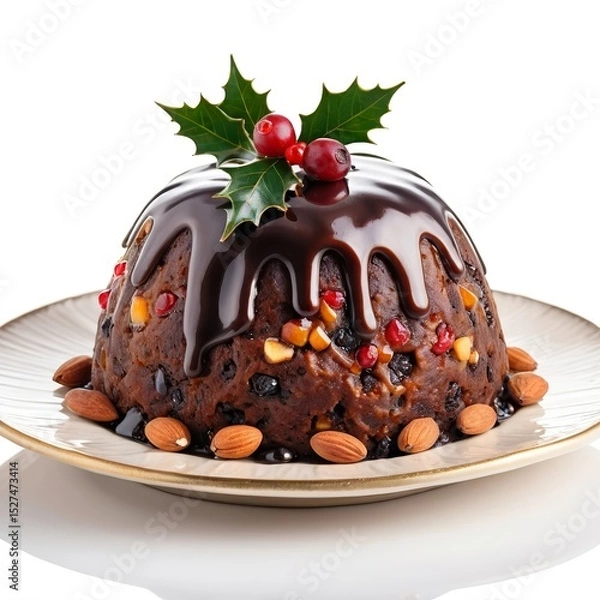 Fototapeta Festive Christmas pudding isolated on white background. Traditional dessert English cake with raisins, almonds, honey, rum, decorated with cranberries, holly leaves and chocolate glaze. AI generated.
