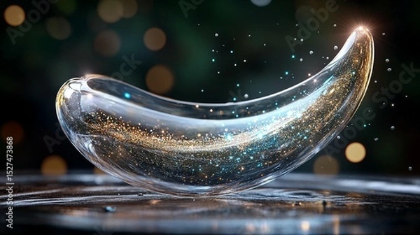 Fototapeta Translucent, curved object filled with shimmering gold and blue particles, levitating on a dark surface