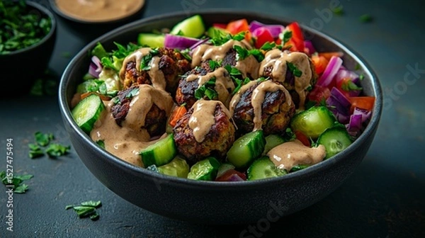 Fototapeta Vegetarian meatballs in a bowl with a vibrant salad, drizzled with a flavorful sauce