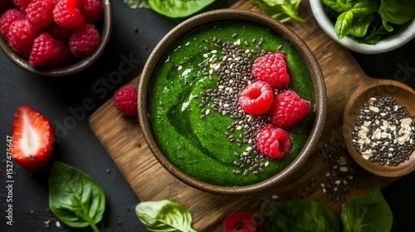 Fototapeta Vibrant green smoothie bowl topped with fresh raspberries and chia seeds.  Fresh spinach, strawberries, and other ingredients surround the bowl