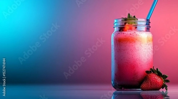 Fototapeta Vibrant strawberry smoothie in a glass jar, topped with fresh strawberries and a straw, against a gradient backdrop of pink and blue