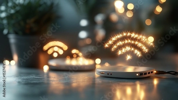 Fototapeta Wireless connection device with glowing wifi symbol.  Blending home decor with tech