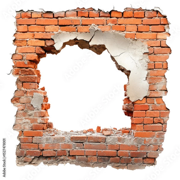 Fototapeta Broken Brick Wall with Rough Edges and Large Hole Isolated on White Background