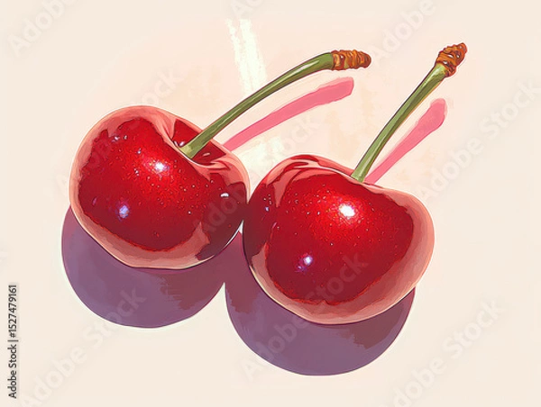 Fototapeta Two vibrant red cherries with green stems are illustrated against light background, casting soft shadows. cherries appear glossy and fresh, evoking sense of summer sweetness