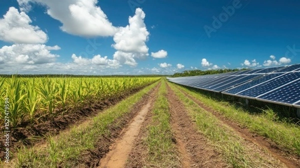 Fototapeta Aerial shot of a sugarcane farm with solar panels, a large water tank, and well-maintained irrigation systems