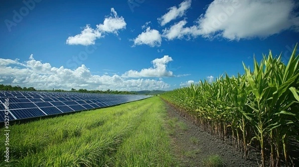 Obraz Aerial shot of a sugarcane farm with solar panels, a large water tank, and well-maintained irrigation systems