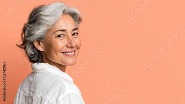 Fototapeta Senior Arabian woman smiling isolated on pastel background for retirement concept