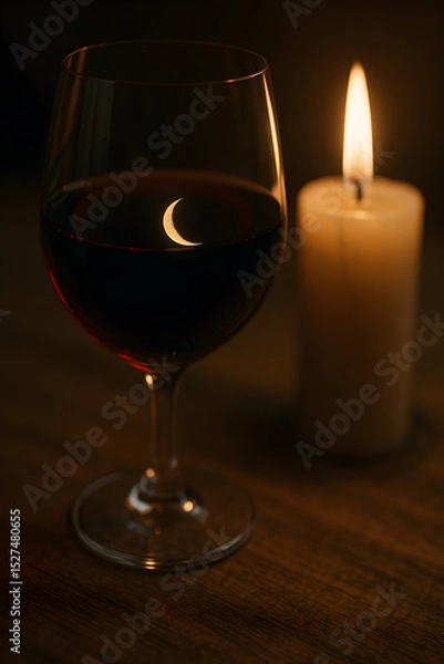 Fototapeta A glass of red wine with a crescent moon glowing through the liquid, next to a flickering candle, creating a serene and intimate ambiance.