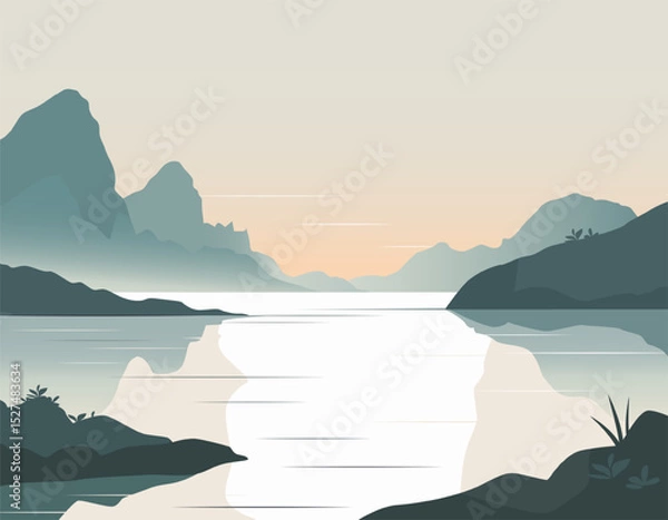 Obraz Nature background with lake and mountain silhouettes at sunset. Calm and minimal scenery