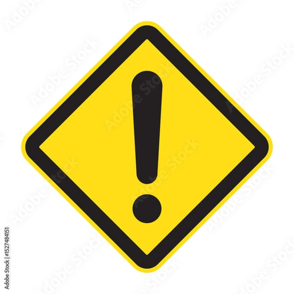 Fototapeta Yellow diamond warning sign with black exclamation mark. Generic caution symbol used in traffic, safety alerts, or hazard zones.
