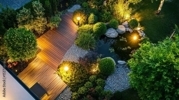 Obraz Aerial shot of a sugarcane farm with solar panels, a large water tank, and well-maintained irrigation systems