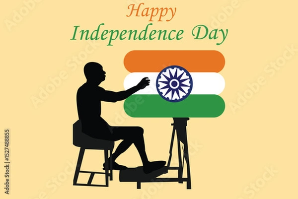 Fototapeta Silhouette of Mahatma Gandhi Painting Indian Flag. Patriotic digital artwork showing the silhouette of Mahatma Gandhi sitting and painting the Indian national flag on a canvas.