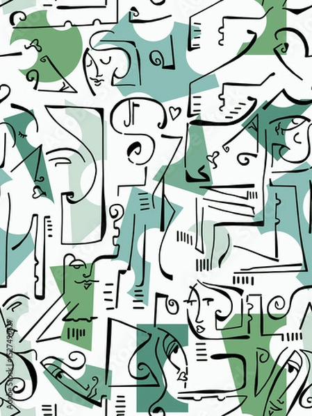 Obraz Abstract drawing of women's faces with black lines on a colored background.Seamless pattern.