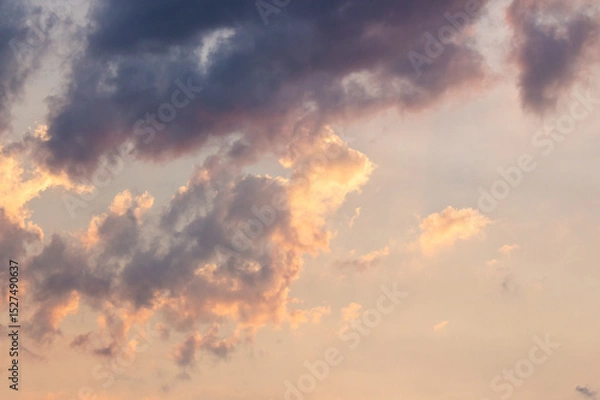 Fototapeta cumulus clouds on the sky blown by the wind. warm scenery. cloudy weather meteorology background in orange glow. evening mood