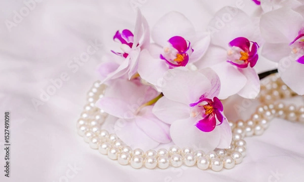 Fototapeta The branch of white orchids on white fabric background
