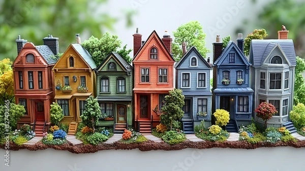 Fototapeta Charming Row of Colorful Victorian Houses Miniature Model Displaying Architectural Details and Landscaping