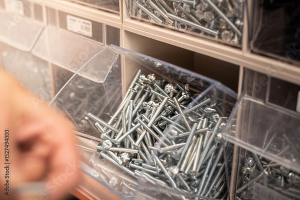 Obraz High-resolution macro image of metal screws arranged by size and type. Ideal for showcasing home improvement supplies.