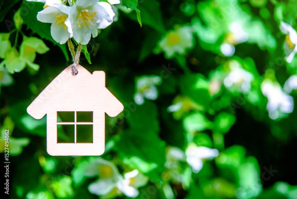 Fototapeta Symbol of the house on the branches of a flowering jasmine
