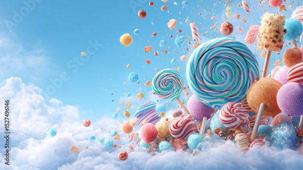 Obraz Dynamic Candy Explosion - Sweets Bursting Through Cloudy Sky