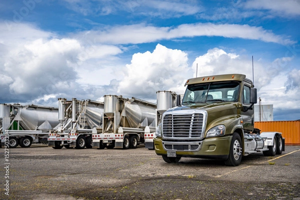 Obraz Khaki day cab big rig semi truck tractor standing on the industrial parking lot beside with bulk semi trailers waiting for the next load