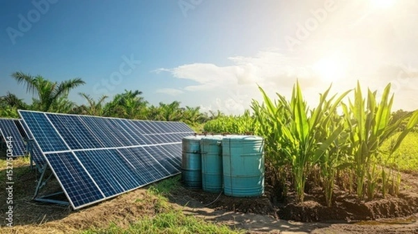 Fototapeta Aerial shot of a sugarcane farm with solar panels, a large water tank, and well-maintained irrigation systems