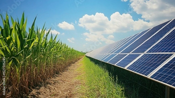 Fototapeta Aerial shot of a sugarcane farm with solar panels, a large water tank, and well-maintained irrigation systems