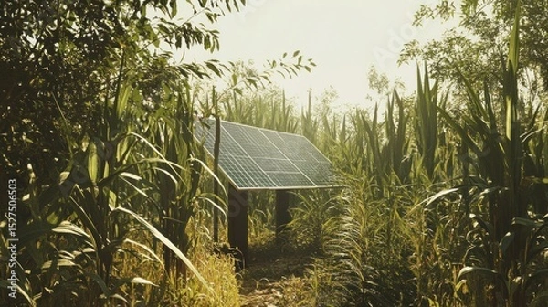 Obraz Aerial shot of a sugarcane farm with solar panels, a large water tank, and well-maintained irrigation systems