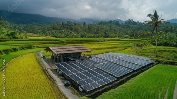 Obraz Aerial shot of a sugarcane farm with solar panels, a large water tank, and well-maintained irrigation systems