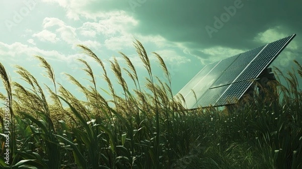 Obraz Aerial shot of a sugarcane farm with solar panels, a large water tank, and well-maintained irrigation systems