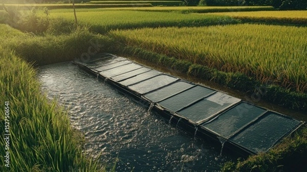 Obraz Aerial shot of a sugarcane farm with solar panels, a large water tank, and well-maintained irrigation systems