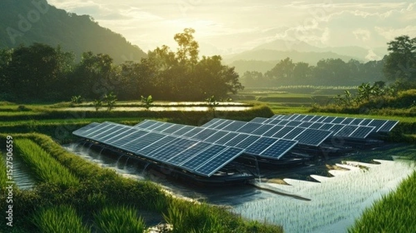 Obraz Aerial shot of a sugarcane farm with solar panels, a large water tank, and well-maintained irrigation systems
